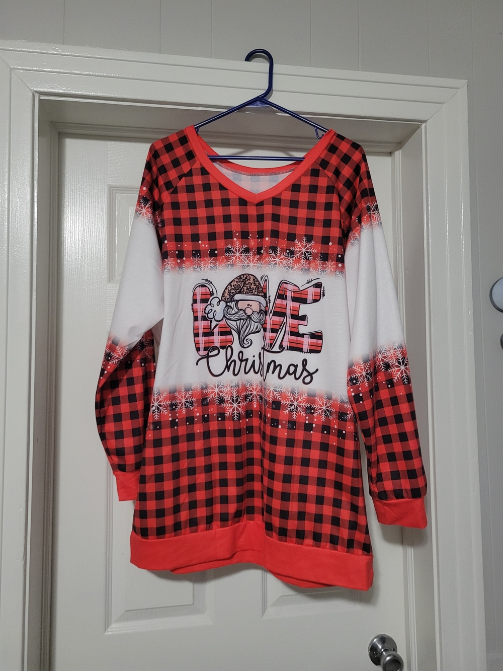 Womens Red Buffalo Check "Love Christmas" Long Sleeve Top